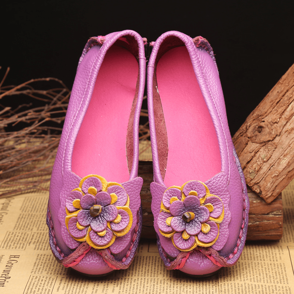 Women Shoes Casual Comfortable Floral Leather Flats - MRSLM