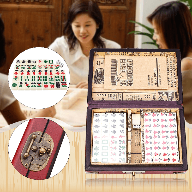 Chinese Mahjong Portable Retro Box Board Game Toy Rare 144 Tiles Mah-Jong Set in Leather Box - MRSLM