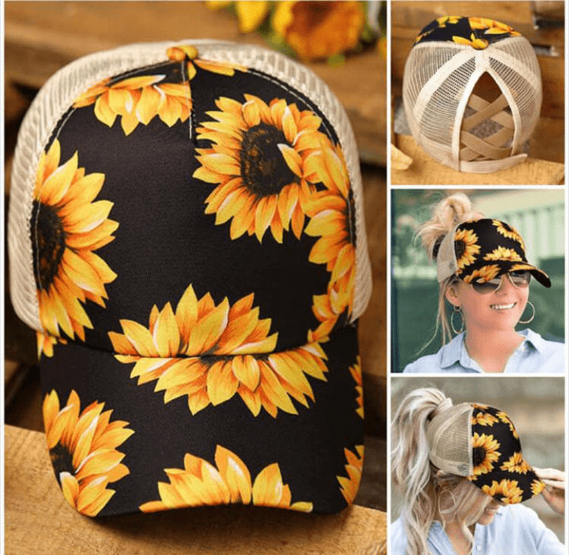 European and American Sunflower Print Baseball Cap, Back Cross Ponytail Cap, Color Striped Sunscreen Mesh Cap - MRSLM