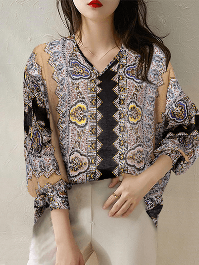 Women Puff Sleeve Geometric Spliced V-Neck Holiday Vacation Full Printed Shirt - MRSLM