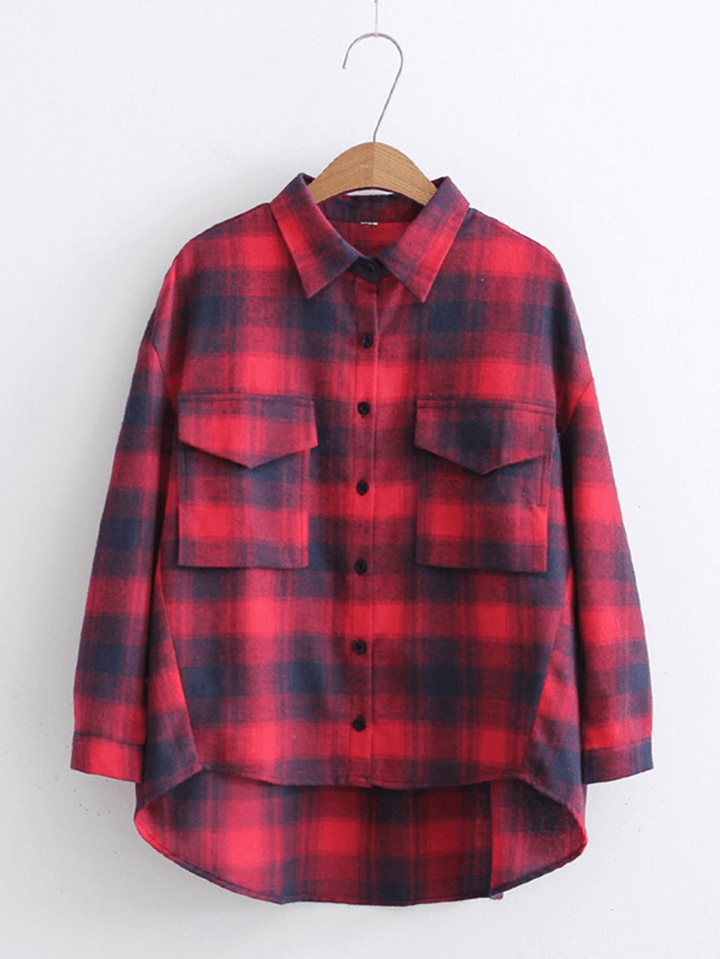 Loose Plaid Long Sleeve Turn-Down Collar Blouse - MRSLM