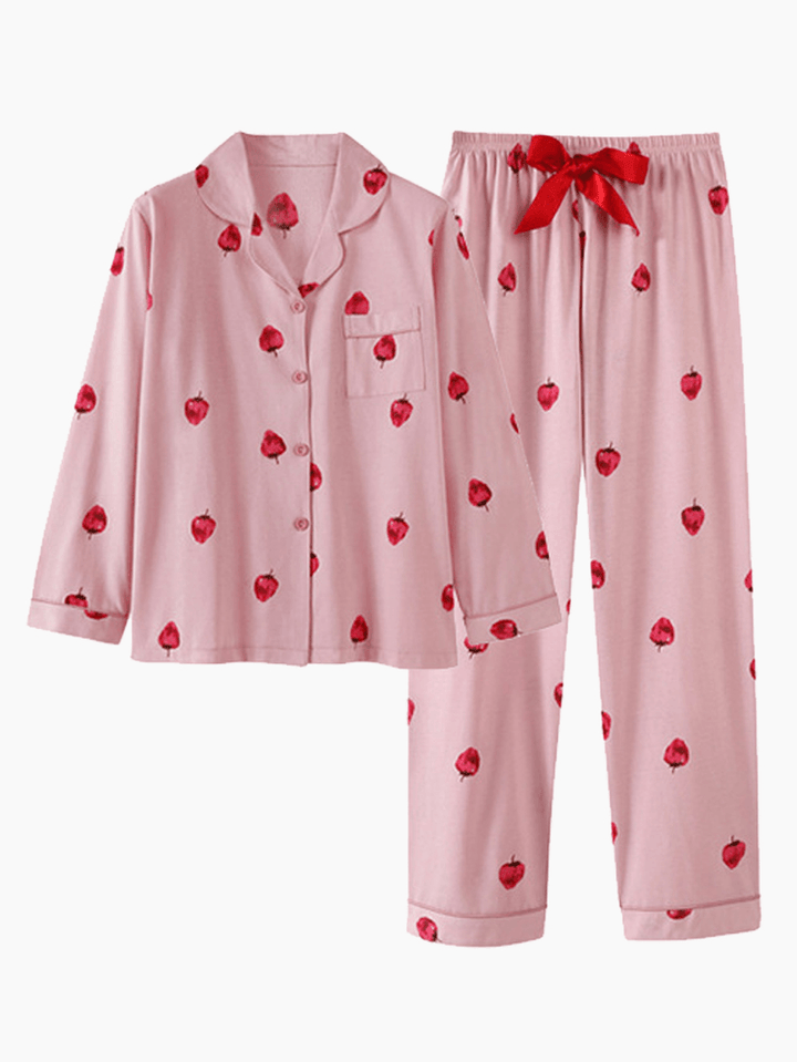 Cotton plus Size Oblique V-Neck Button-Down Printed Pajama Set - MRSLM