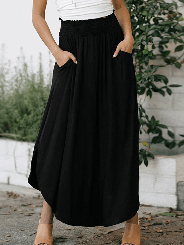 Women Elastic Waist Irregular Hem Side Fork Casual Skirts with Pocket - MRSLM