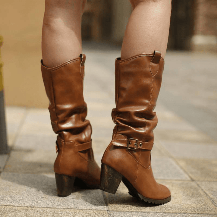 Women Large Size Buckle Belt Decor Mid Calf Chunky Heel Riding Boots - MRSLM