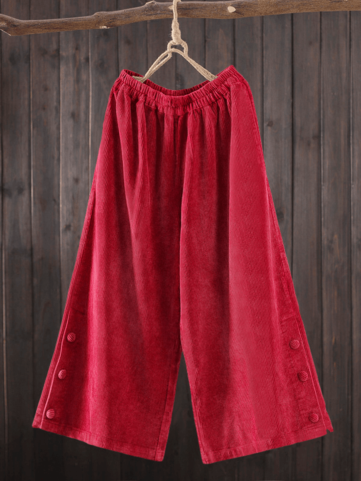 Women Corduroy Side Button Solid Elastic Waist Wide Leg Pants with Pocket - MRSLM