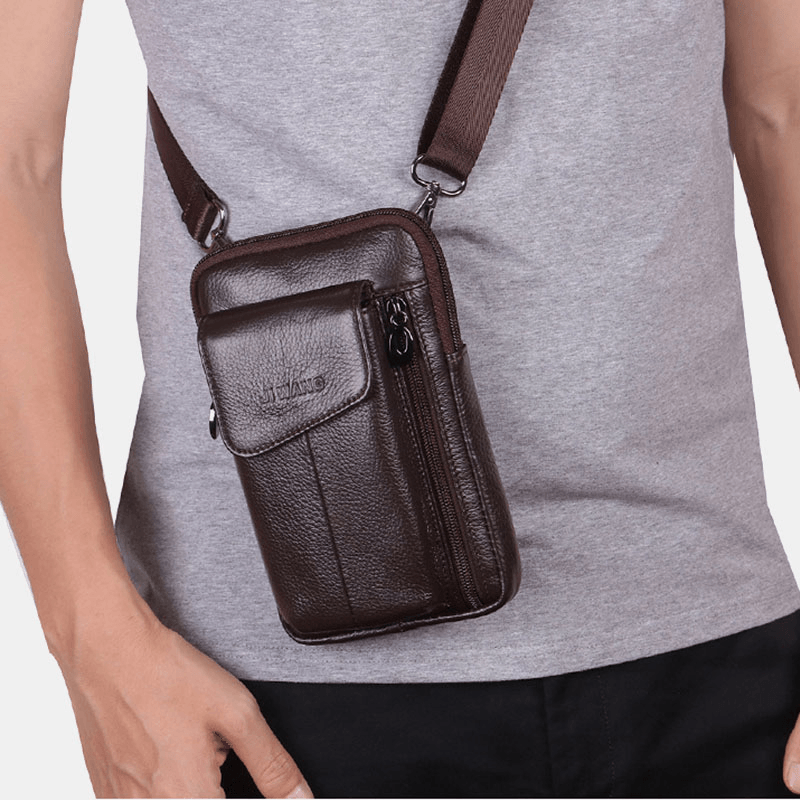 Men Genuine Leather 6.5 Inch Phone Bag Waist Bag Belt Bag Crossbody Bag - MRSLM