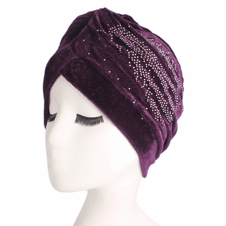 Womens Pleuche Skullies Beanies Thin Bonnet Cap Autumn Casual Diamond Beanies Hat Turban - MRSLM