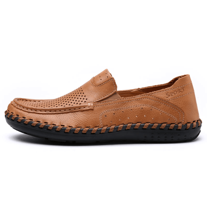 Men Leather Breathable Hollow Out Hand Stitching Soft Sole Non Slip Comfy Casual Shoes - MRSLM