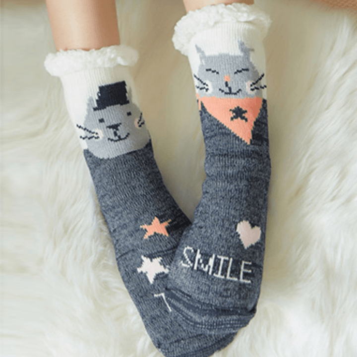 Women Warm Winter Outdoor Christmas Style Cartoon Animals Pattern plus Velvet Thicken Home Sleep Socks Tube Socks - MRSLM