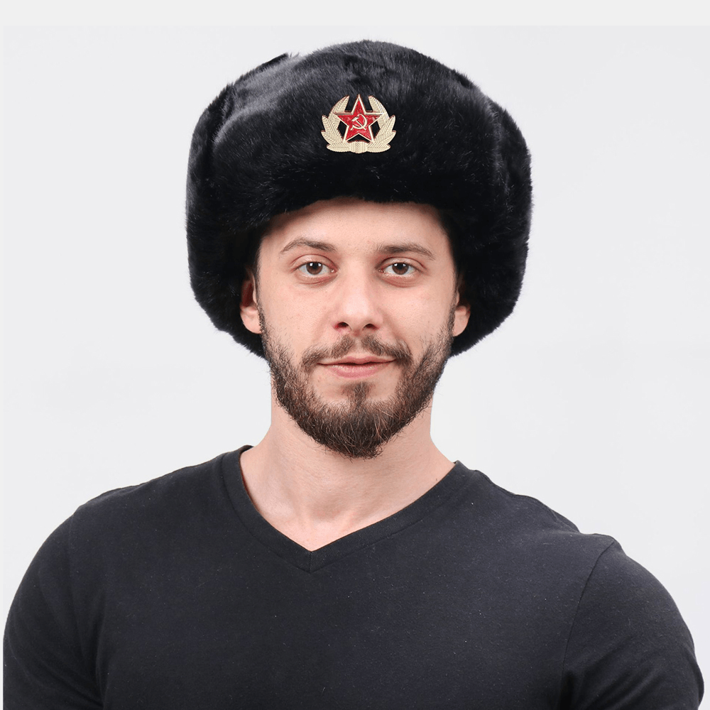 Unisex plus Velvet Soviet Badge Warm Windproof Ear Flaps Protection Outdoor Trapper Hat Ushanka Hat - MRSLM