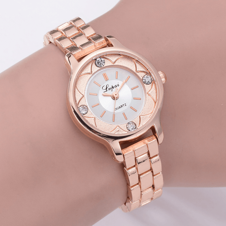 LVPAI FD1245 Flower Print Dial Ladies Bracelet Watch Alloy Diamond Quartz Watch - MRSLM