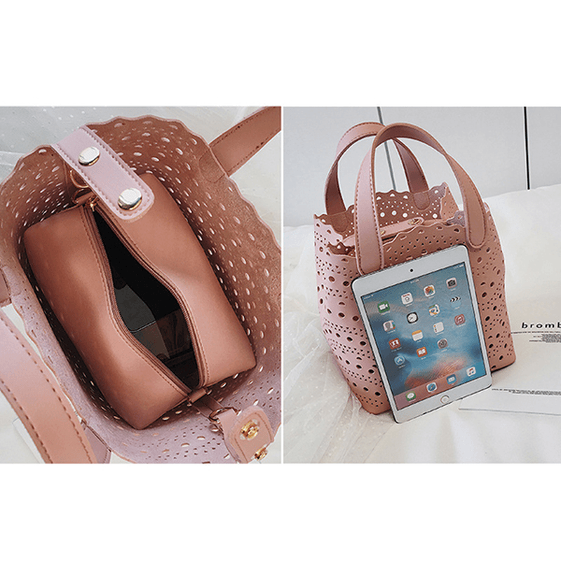 2 PCS Women Hollow Out PU Leather Bucket Bag - MRSLM