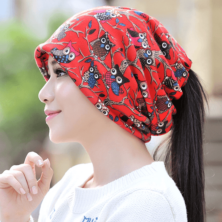 Womens Owl Pattern Slouchy Baggy Beanie Cap Scarf Multi-Function Double Layers Windproof Warm Hat - MRSLM