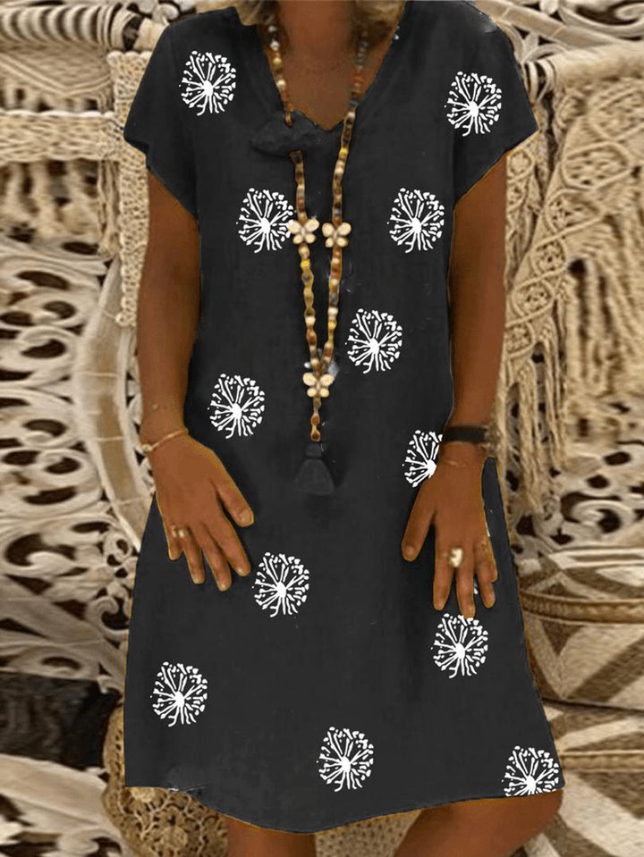 Women Vintage Floral Print V-Neck Casual Short Sleeve Loose Midi Dress - MRSLM