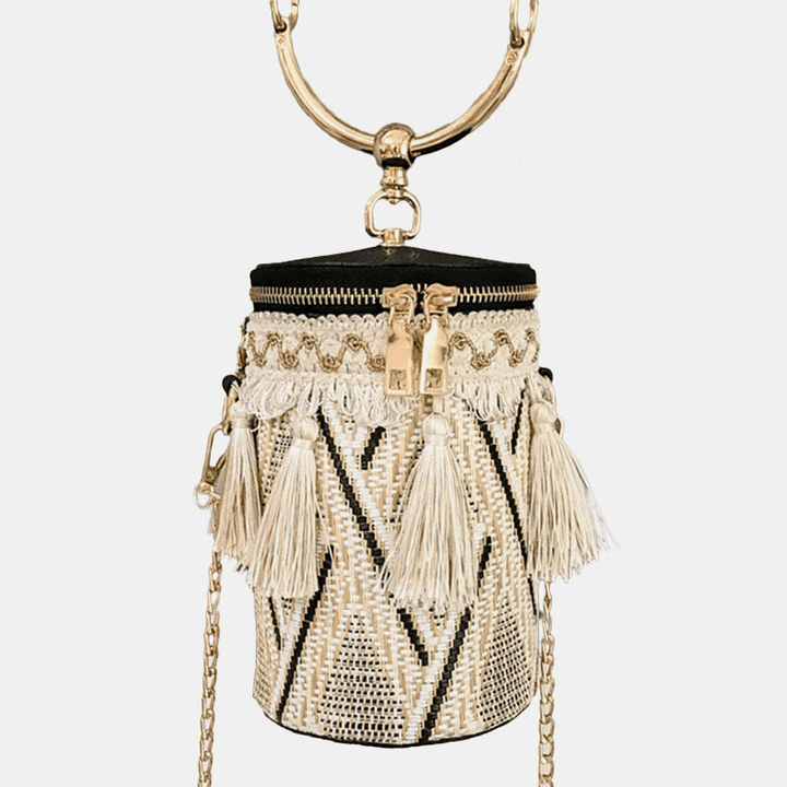 Women Summer Tassel Chains Straw Handbag Crossbody Bag Shoulder Bag - MRSLM