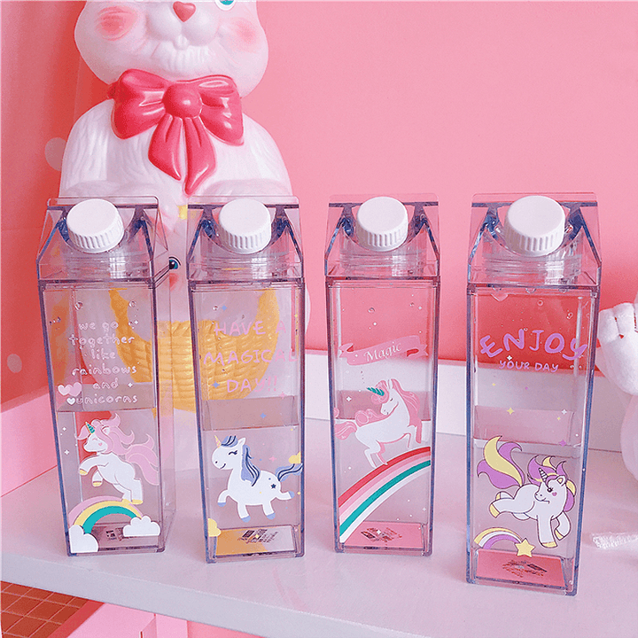 Portable Cup Novelty Milk Carton Shaped Cartoon Unicorn Printed Water Bottle - MRSLM