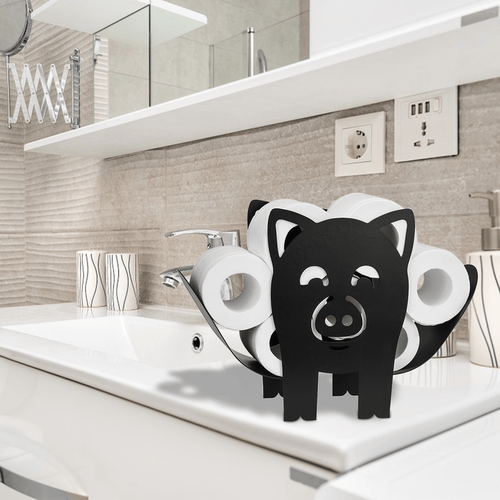 Black Toilet Paper Holder Metal Pig Shape Tissue Storage Rack - MRSLM