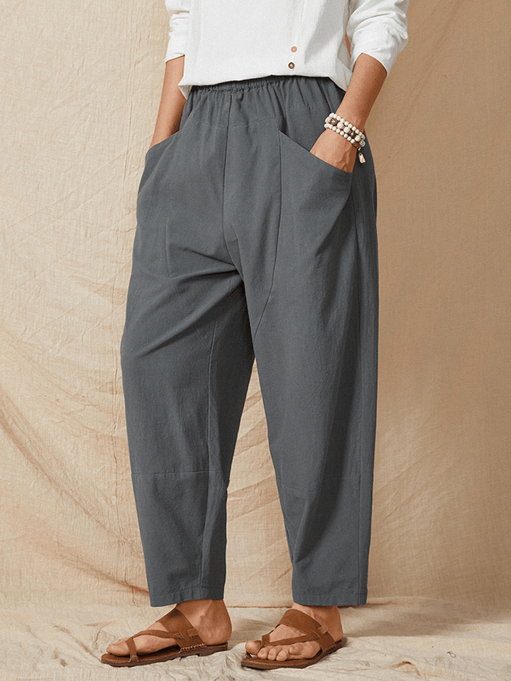 Pure Color Elastic Waist Pocket Plain Casual Cotton Women Harem Pants - MRSLM