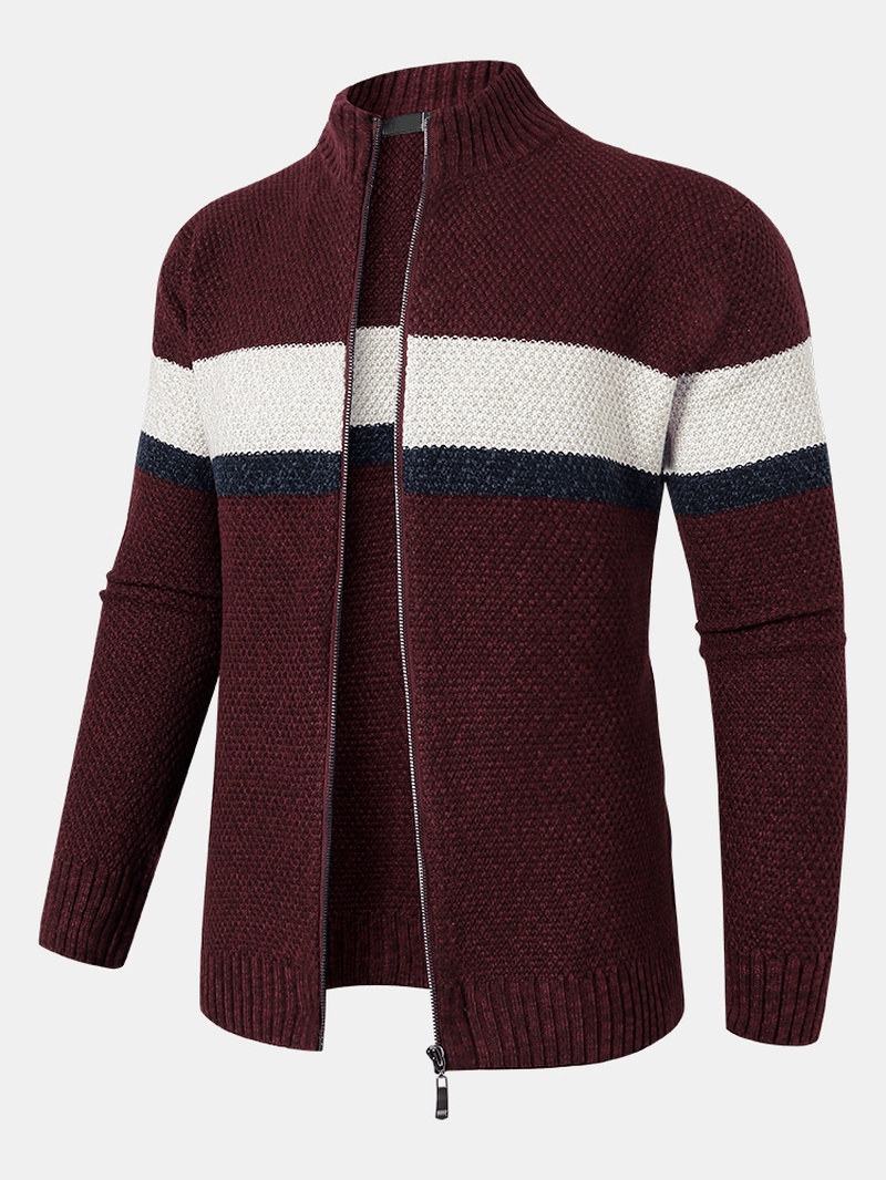 Men Color Block Striped Full Zipper Stand Collar Cardigans - MRSLM