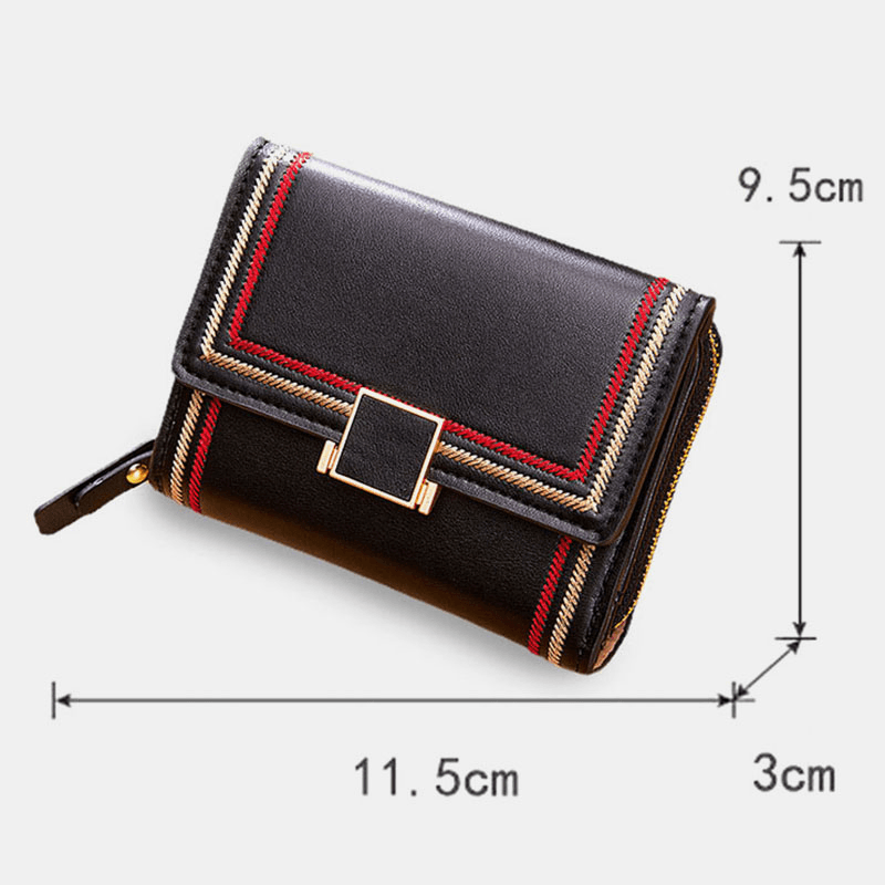 Women PU Leather Embroidery Multi-Card Slot Organ Card Case Short Trifold Money Clip Zipper Coin Purse Wallet - MRSLM