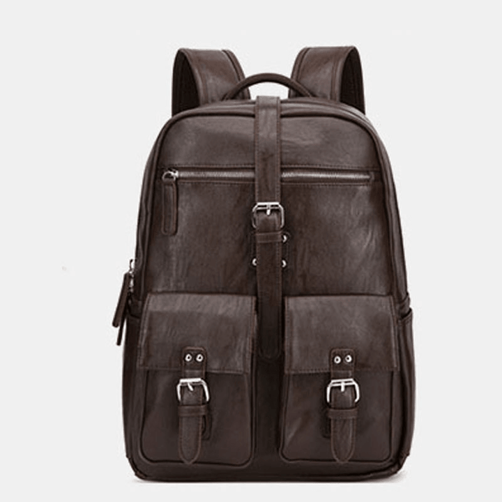 Men PU Leather Large Capacity Multi-Pocket Vintage 14 Inch Laptop Backpack - MRSLM