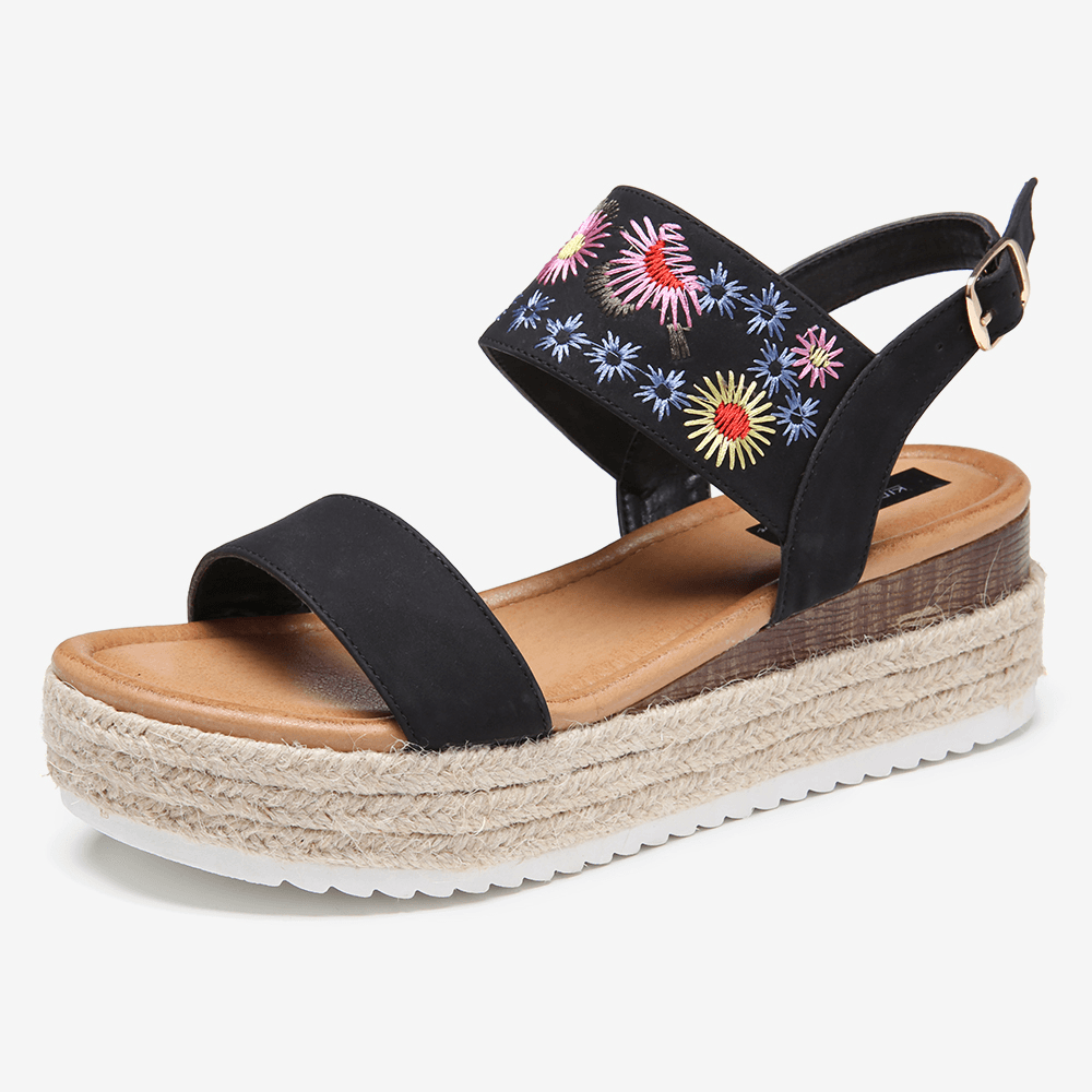 Women Espadrilles Embroidery Flowers Buckle Strap Slingback Platform Sandals - MRSLM