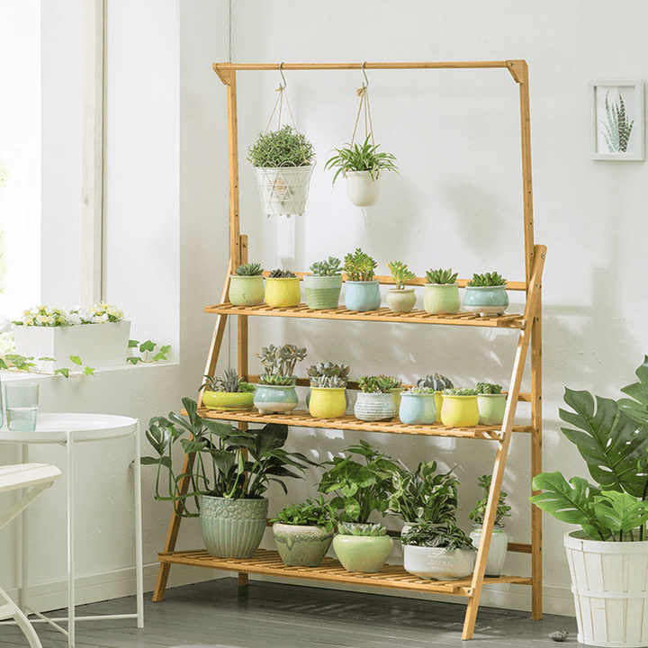 Plant Stand Flower Pot Display Multi-Layer Shelf with Hanging Rod Plants Rack Holder Organizer - MRSLM