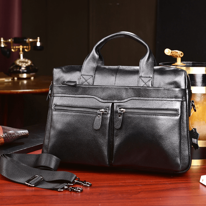 Men Genuine Leather Business Multi-Carry 14 Inch Laptop Bag Briefcase Crossbody Bag Shoulder Bag - MRSLM