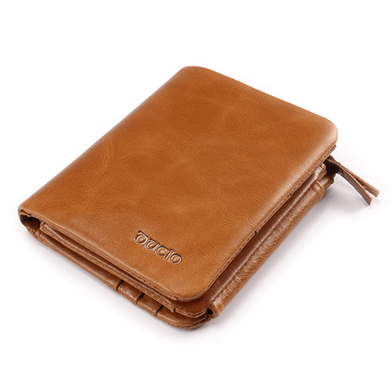 Men Genuine Leather Zipper Pocket 12 Slots Trifold Wallet - MRSLM