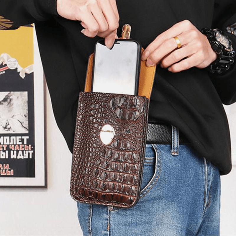 Men PU Leather Crocodile Pattern Multifunctional Casual Double Layer 6.5Inch Phone Bag Waist Bag with Hook - MRSLM