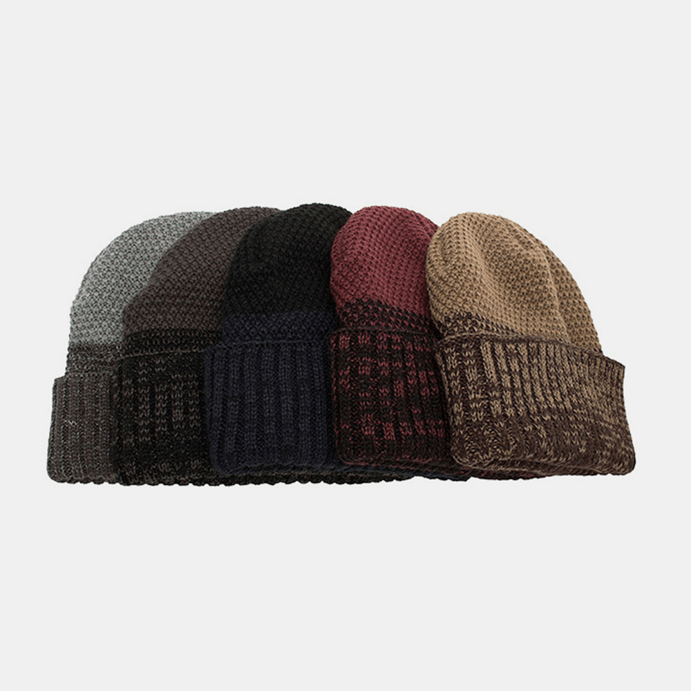 Men Polyester Cotton Autumn Winter plus Velvet Warmth Dual-Use Two-Color Knitted Hat Beanie Hat - MRSLM