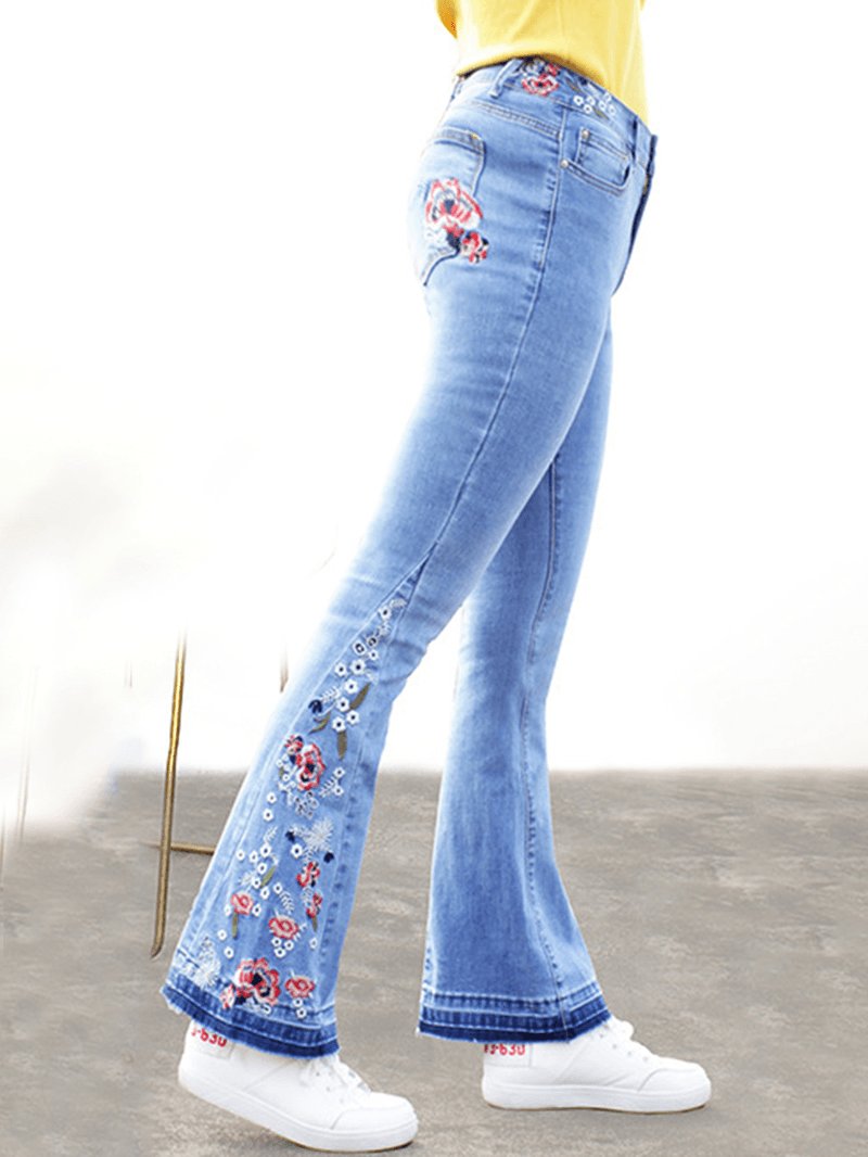 Floral Embroidered High Waist Denim Flared Pants - MRSLM