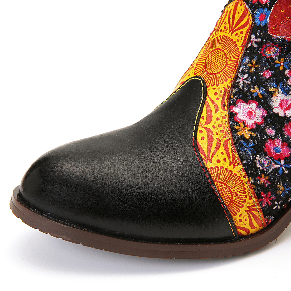 Women Retro Leaf Flower Leather Comfy Zipper Ankle Boots - MRSLM