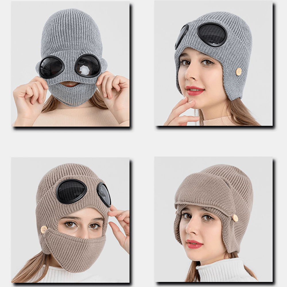 Unisex plus Velvet Thick Warm Neck Face Ear Protection Headgear Knitted Hat Mask Pilot Glasses - MRSLM