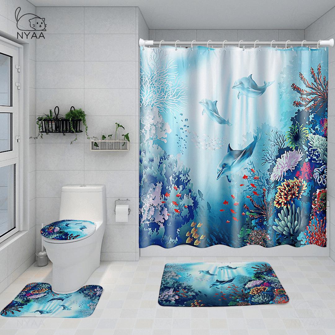 Printed Ocean World Whale Waterproof Bathroom Shower Curtain Toilet Mat Set - MRSLM