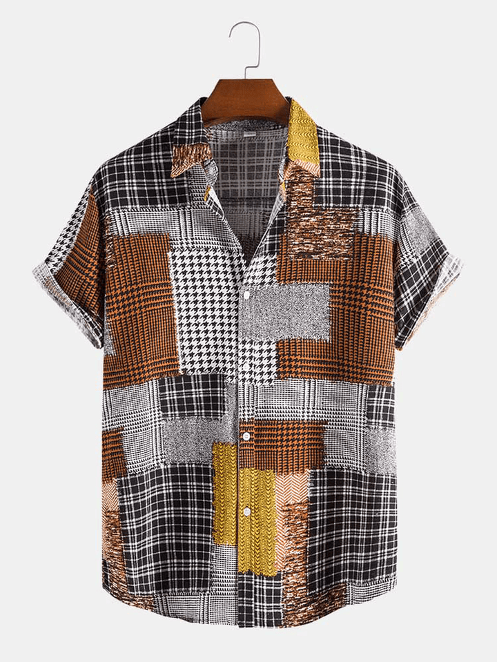 Mens Holiday Plaid & Houndstooth Color Block Patchwork Shirts - MRSLM