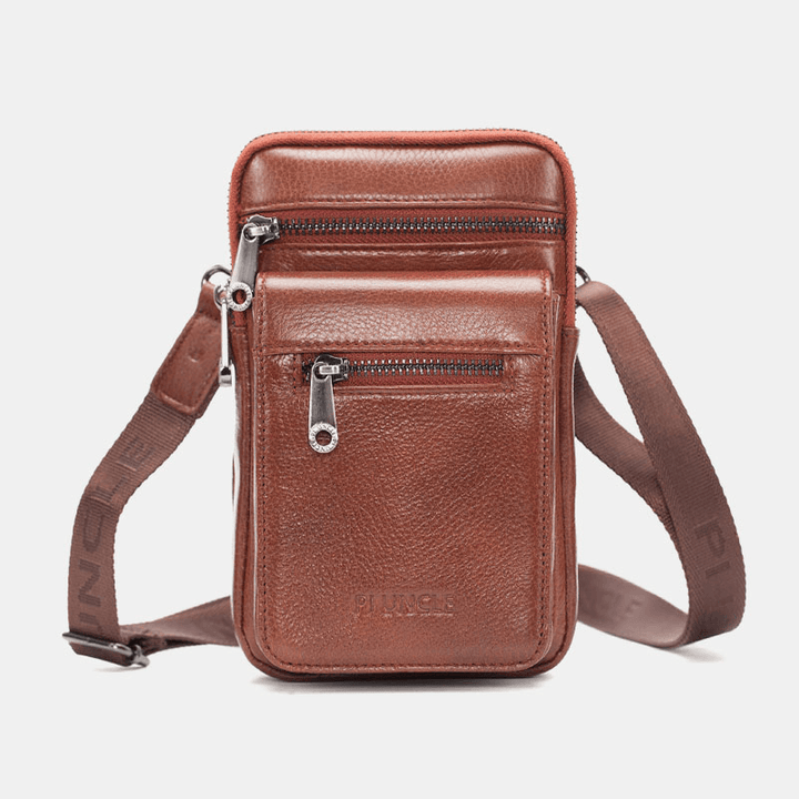 Men Genuine Leather Cowhide Multi-Carry Retro 7.2 Inch Phone Crossbody Bag Hanging Belt Bag Waist Bag - MRSLM