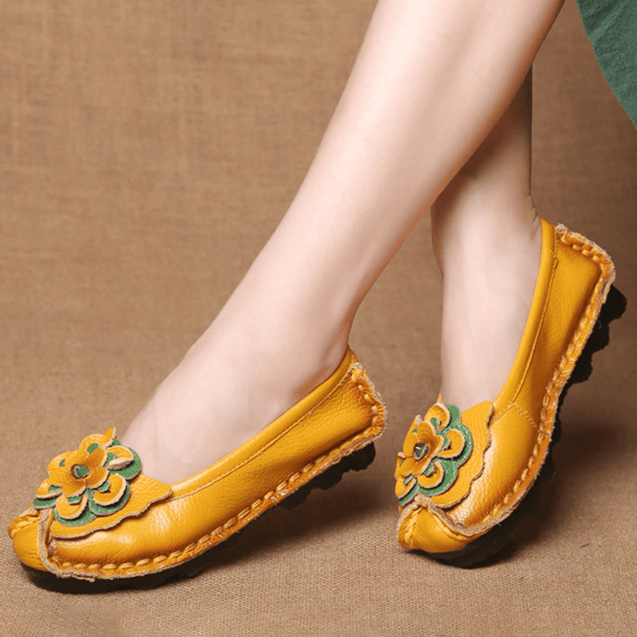 Women Shoes Casual Comfortable Floral Leather Flats - MRSLM