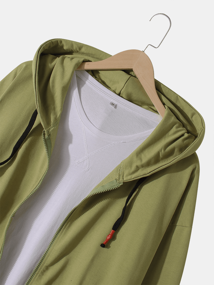 Mens Solid Color Kangaroo Pocket Zipper Simple Cotton Hoodie Jacket - MRSLM