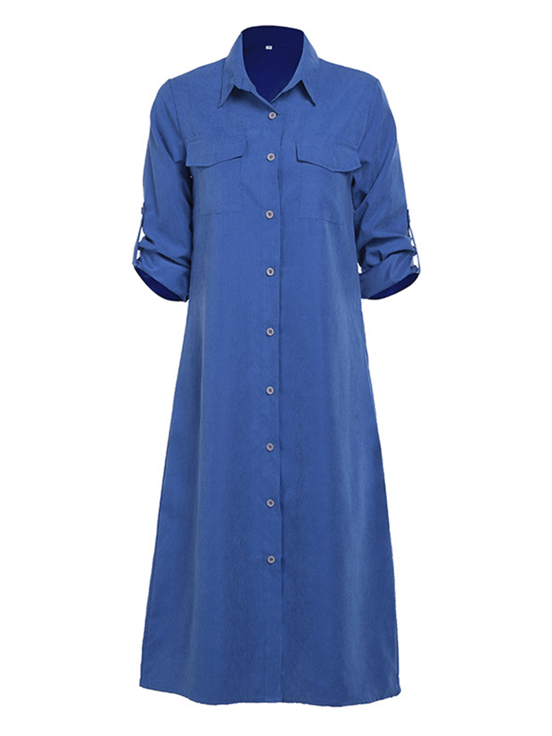 Women Long Adjustable Sleeve Button Turn-Down Collar Long Shirt Dress - MRSLM