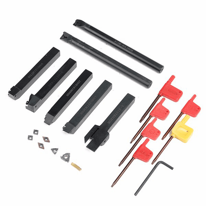 7Pcs 12Mm Shank Lathe Turning Tool Holder Boring Bar with 7Pcs Carbide Insert and Wrench - MRSLM