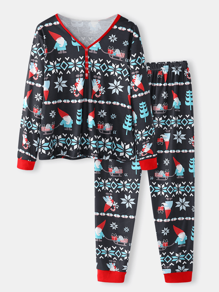 Women Cartoon Santa Claus Print V-Neck Long Sleeve Pullover Loose Jogger Pants Christmas Home Pajama Set - MRSLM