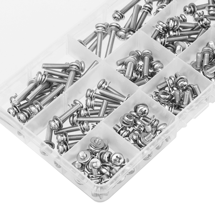 Suleve™ M4SP3 150Pcs M4 Stainless Steel 6-30Mm Phillips Pan Head Machine Screw Washer Bolt Asortment - MRSLM