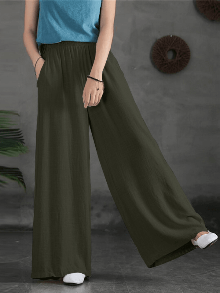 Women Casual Solid Color Side Drawstring Loose Wide Leg Pants with Pockets - MRSLM