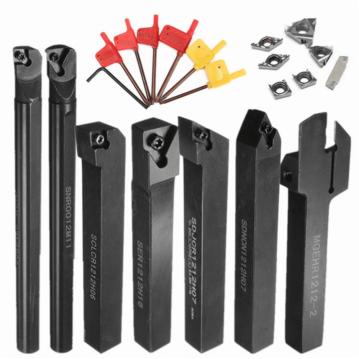 7Pcs 12Mm Shank Lathe Turning Tool Holder with 7Pcs Carbide Inserts - MRSLM