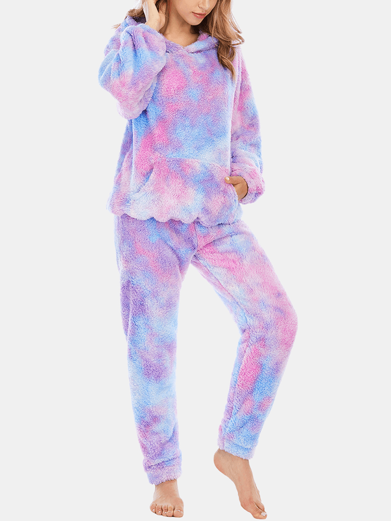 Women Tie Dye Kangaroo Pocket Long Sleeve Fleece Hoodie Loose Pants Home Soft Pajama Set - MRSLM