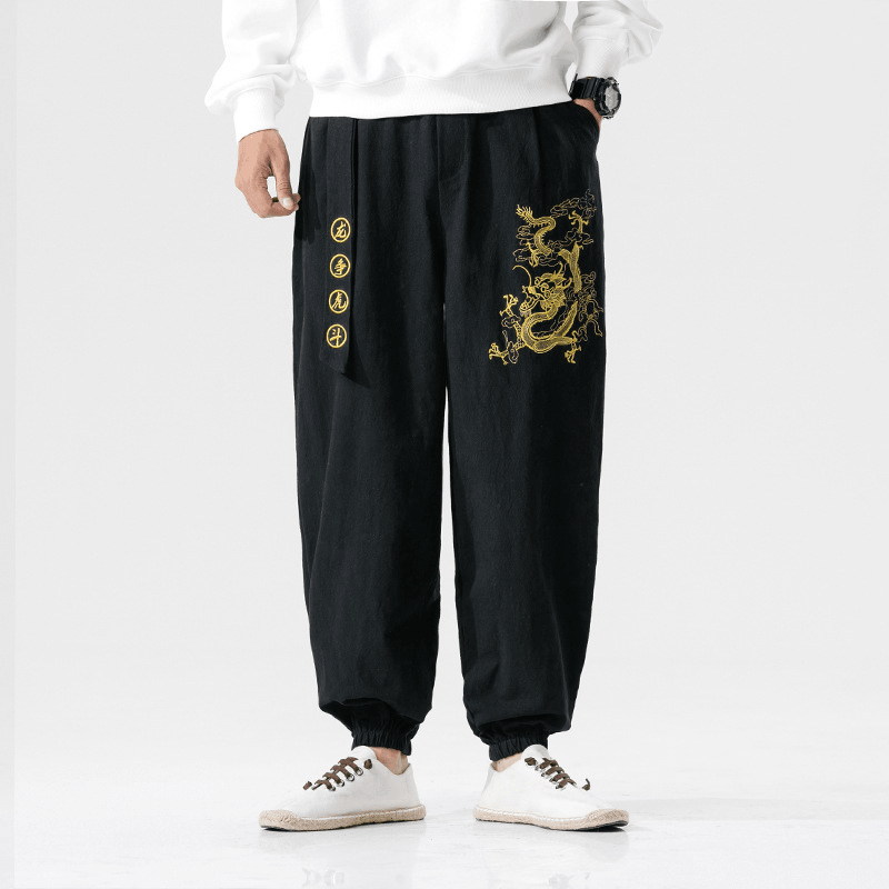 Chinese Style Large Size Dragon and Tiger Embroidery Youth Mens Cotton and Linen Casual Pants - MRSLM