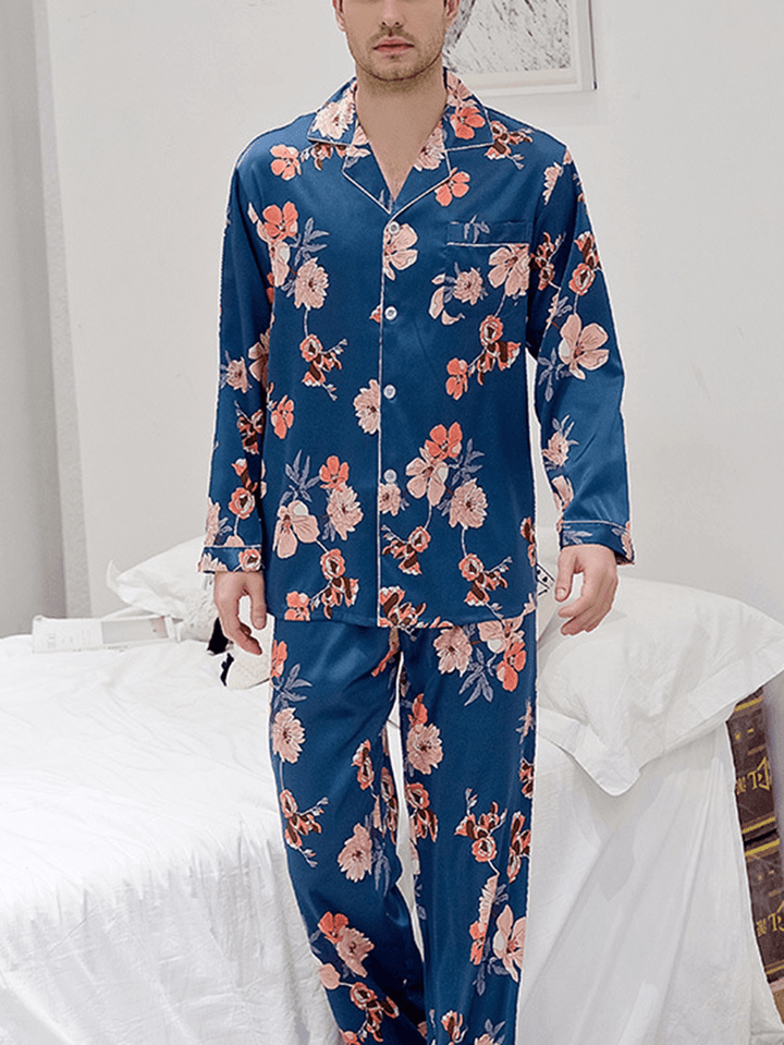 Mens Floral Print Revere Collar Long Sleeve Pajamas Sets with Contrast Binding - MRSLM