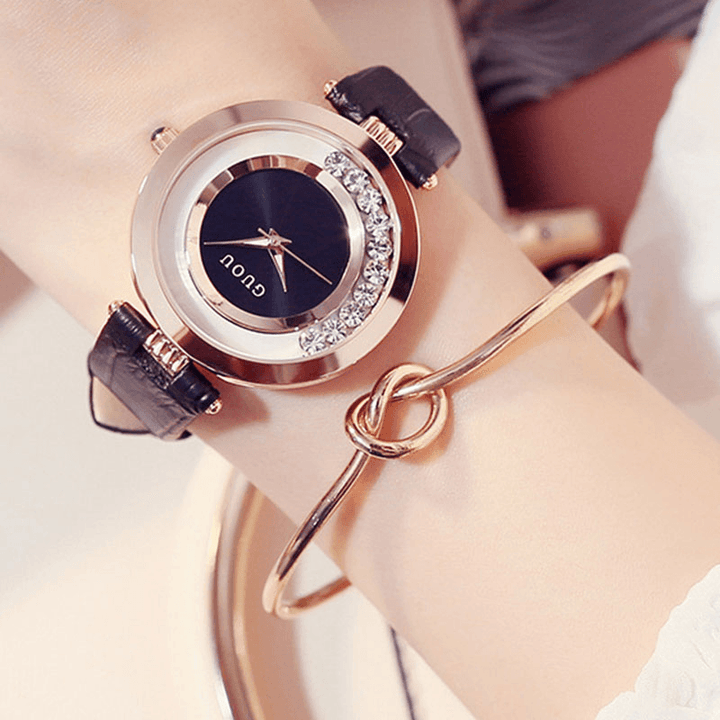 GUOU 8039 Fashion Women Watch Light Luxury Full Steel Glitter Diamond Leather Strap Female Quartz Watch - MRSLM