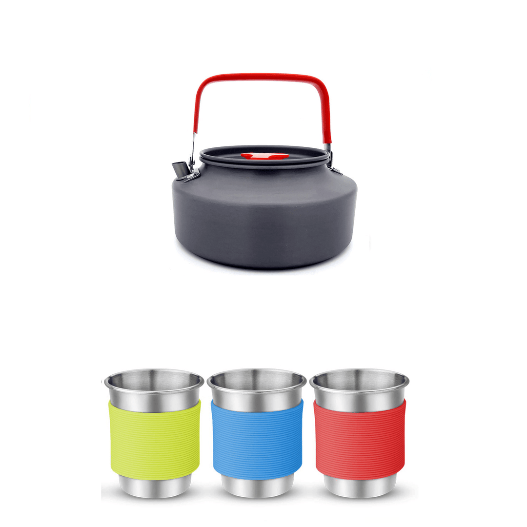 Barbhorse Outdoor Picnic Tableware Camping Pot Trekking Stove Pieces Set Pot + Plates + Kettle + Cups + Forks Cooking Frying Tools - MRSLM